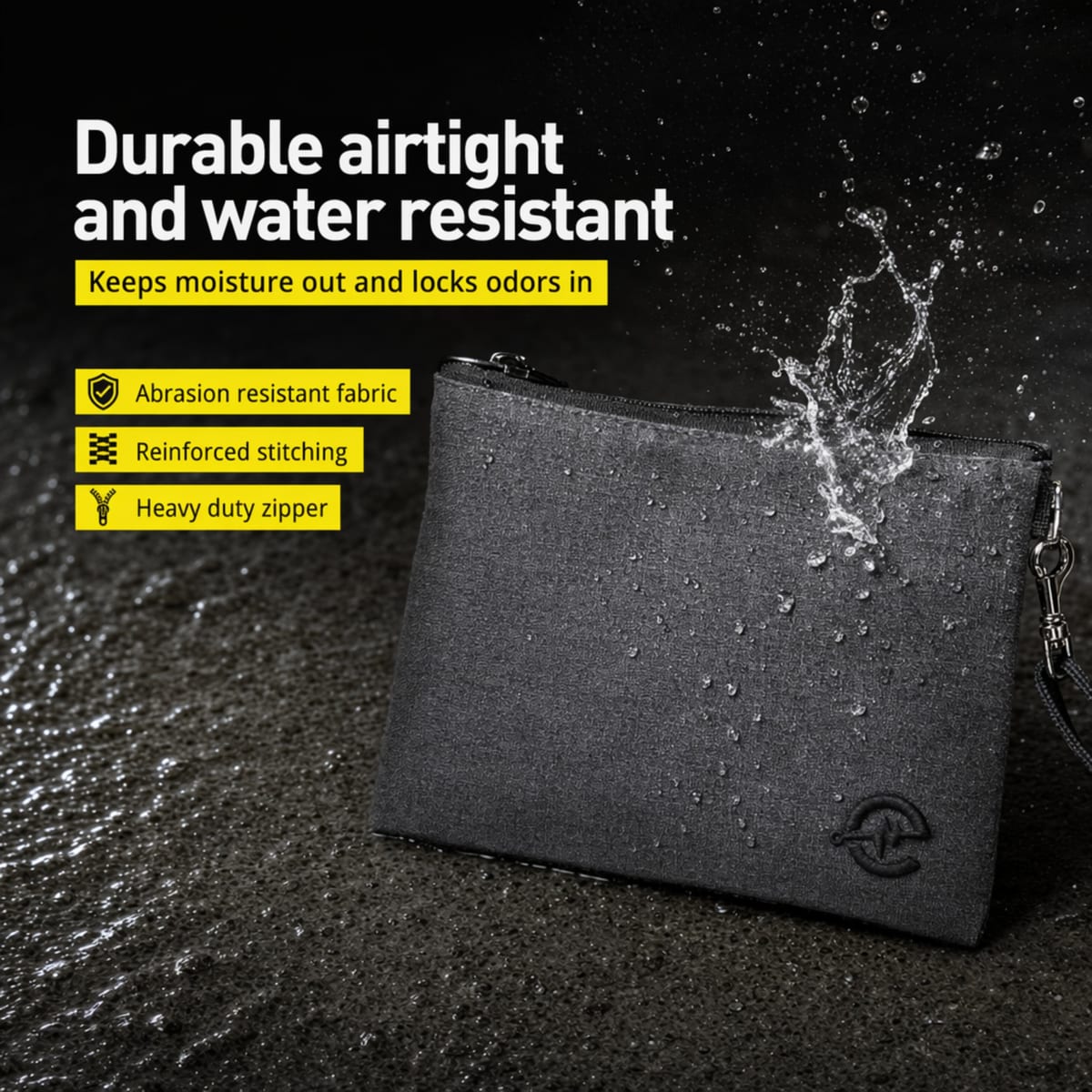 Water splashing on the closed Epulse gray smell proof bag, demonstrating the water-resistant exterior fabric and zipper